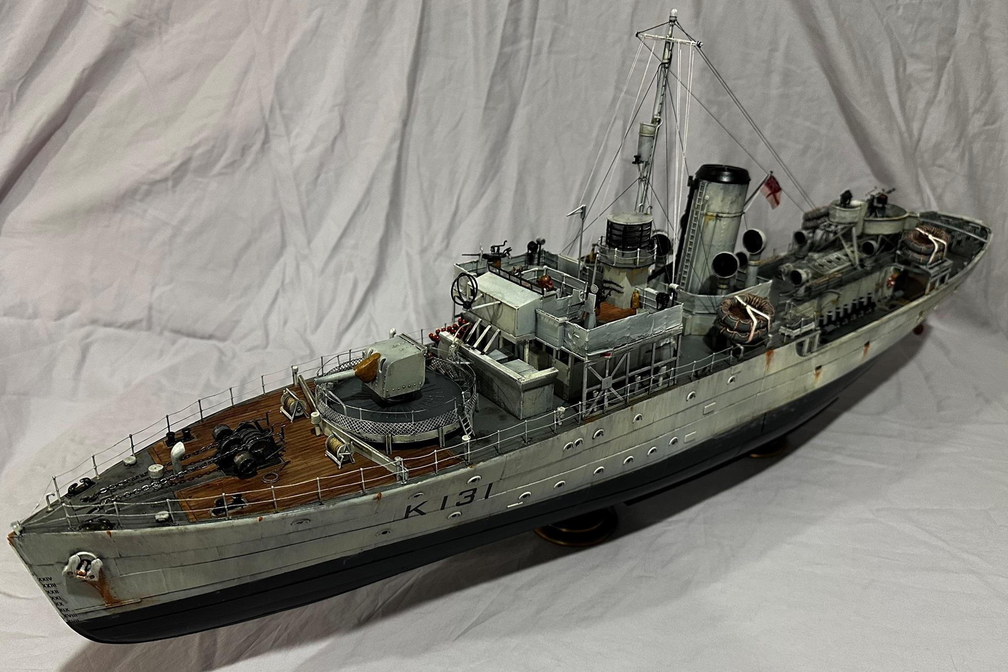 1/72 Scale, Corvette, Flower Class Corevette, Hmcs Chilliwack 44 Weathering, Hmcs Chilliwack Port Bow View 1944, Model Ship, Painted, Weathered, World War Two, Ww 2