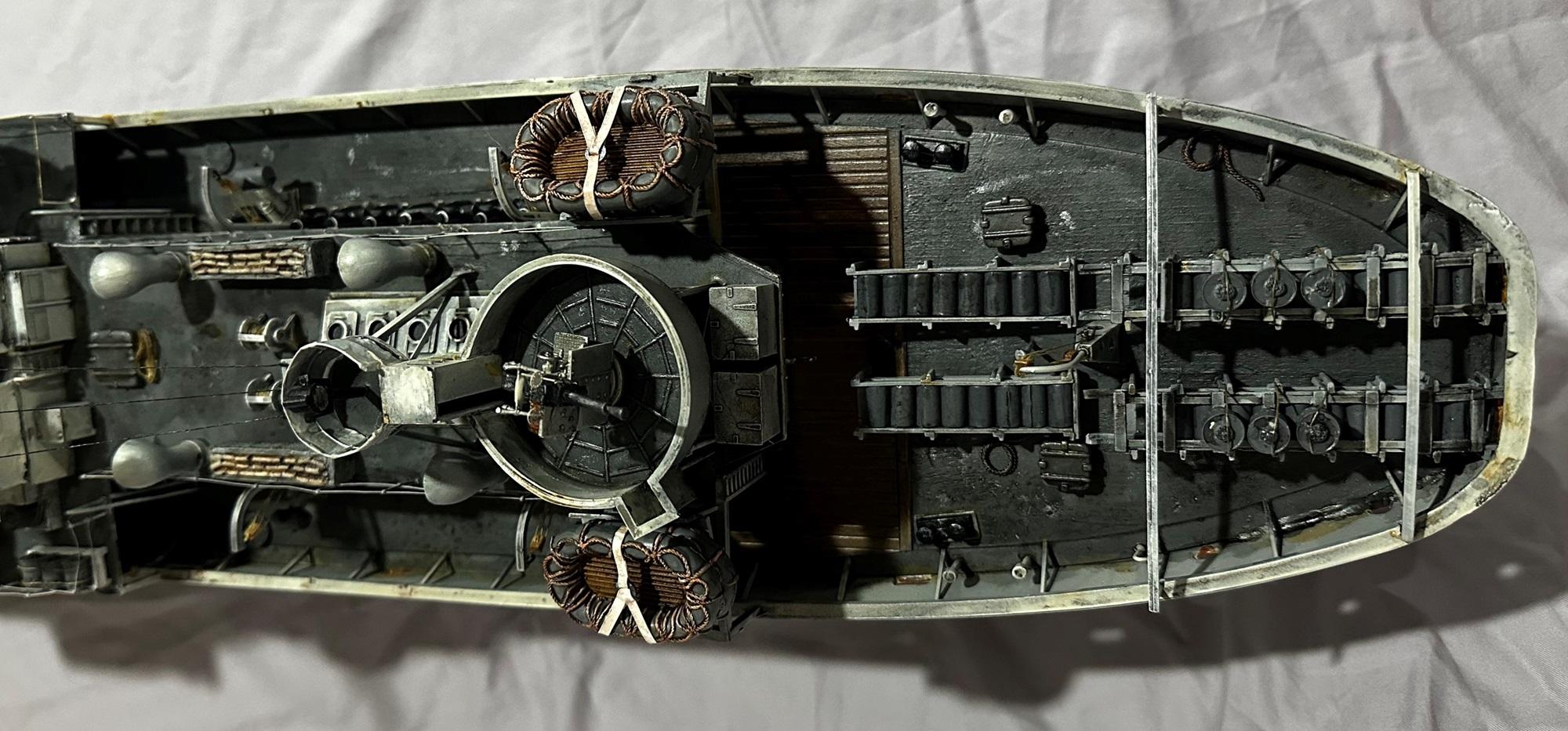 1/72 Scale, Corvette, Flower Class Corevette, Hmcs Chilliwack 44 Weathering, Hmcs Chilliwack Stern Top View 1944, Model Ship, Painted, Weathered, World War Two, Ww 2