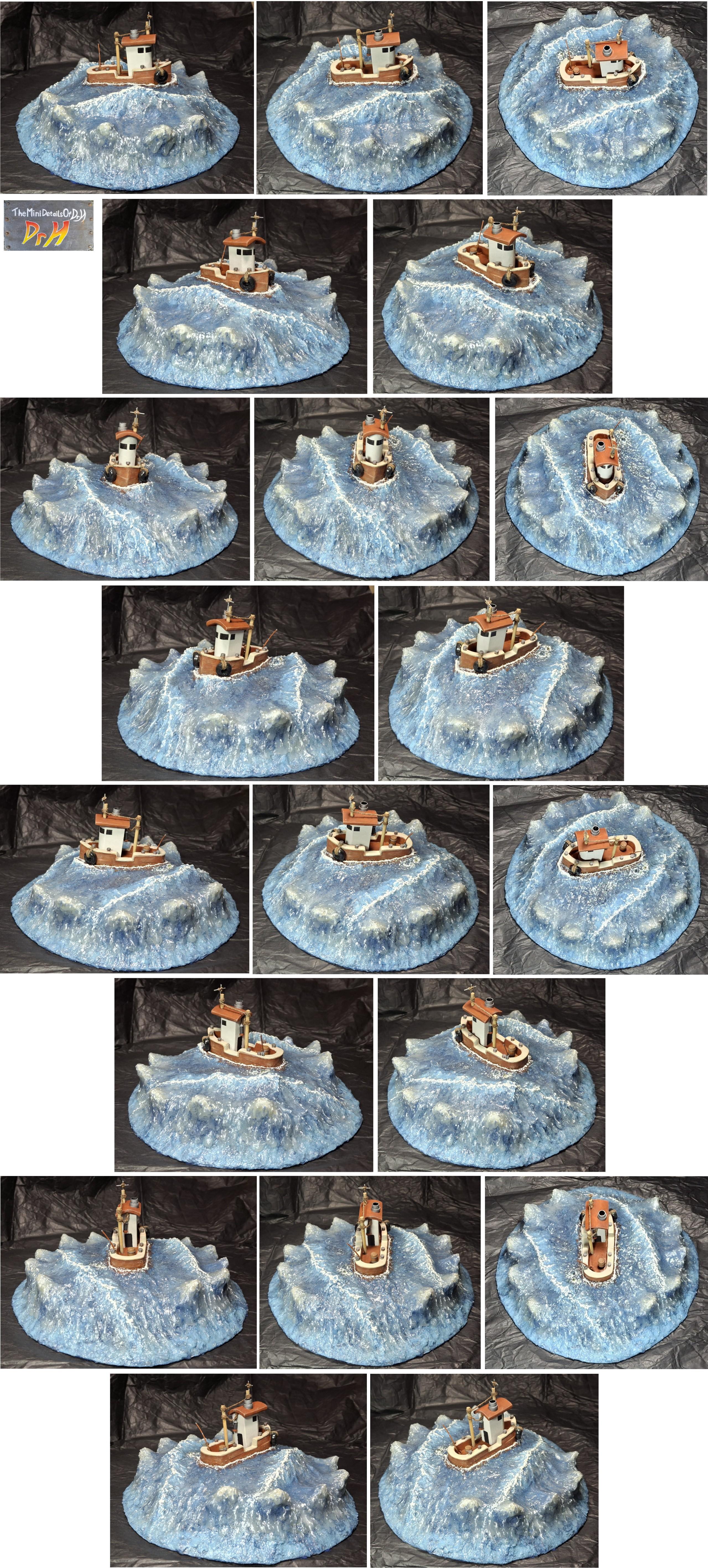 Boat, Diorama, Dredge, Sea, Waves